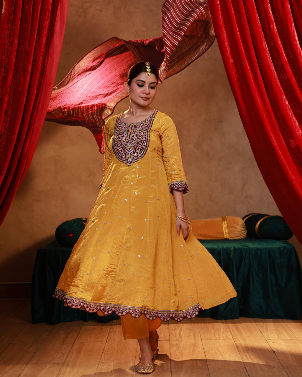 Juniper Mustard Nylon Flared Kurta Pant And Dupatta Set With Zari, Mirror, Thread & Sequin Work - Distacart