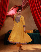 Juniper Mustard Nylon Flared Kurta Pant And Dupatta Set With Zari, Mirror, Thread & Sequin Work - Distacart