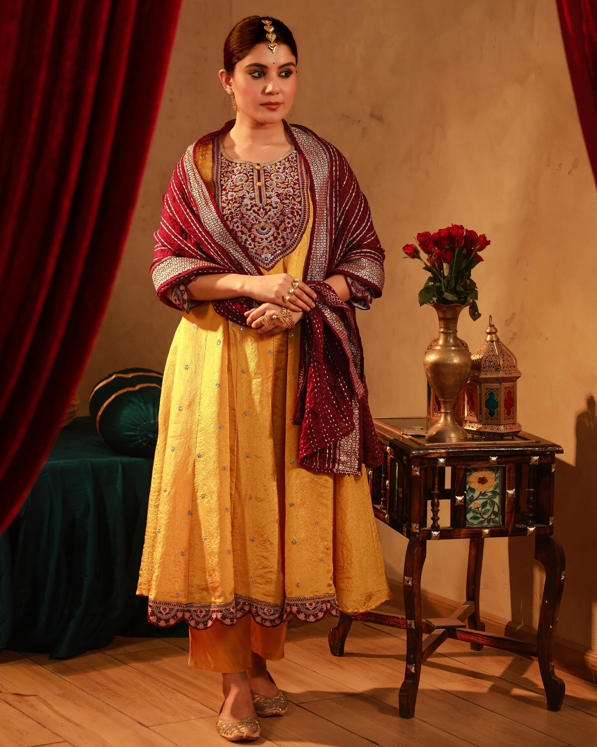 Juniper Mustard Nylon Flared Kurta Pant And Dupatta Set With Zari, Mirror, Thread & Sequin Work - Distacart