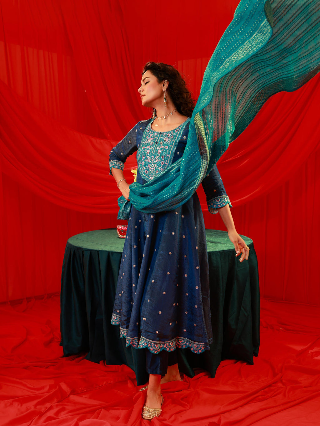 Juniper Navy Blue Nylon Flared Kurta Pant And Dupatta Set With Zari, Mirror, Thread & Sequin Work - Distacart