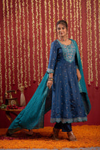 Juniper Navy Blue Nylon Flared Kurta Pant And Dupatta Set With Zari, Mirror, Thread & Sequin Work - Distacart