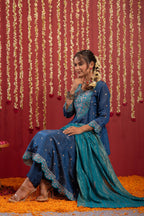 Juniper Navy Blue Nylon Flared Kurta Pant And Dupatta Set With Zari, Mirror, Thread & Sequin Work - Distacart