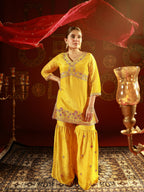 Juniper Mustard Nylon Kurta Sharara And Dupatta Set With Zari, Mirror, Thread & Sequin Embroidery - Distacart