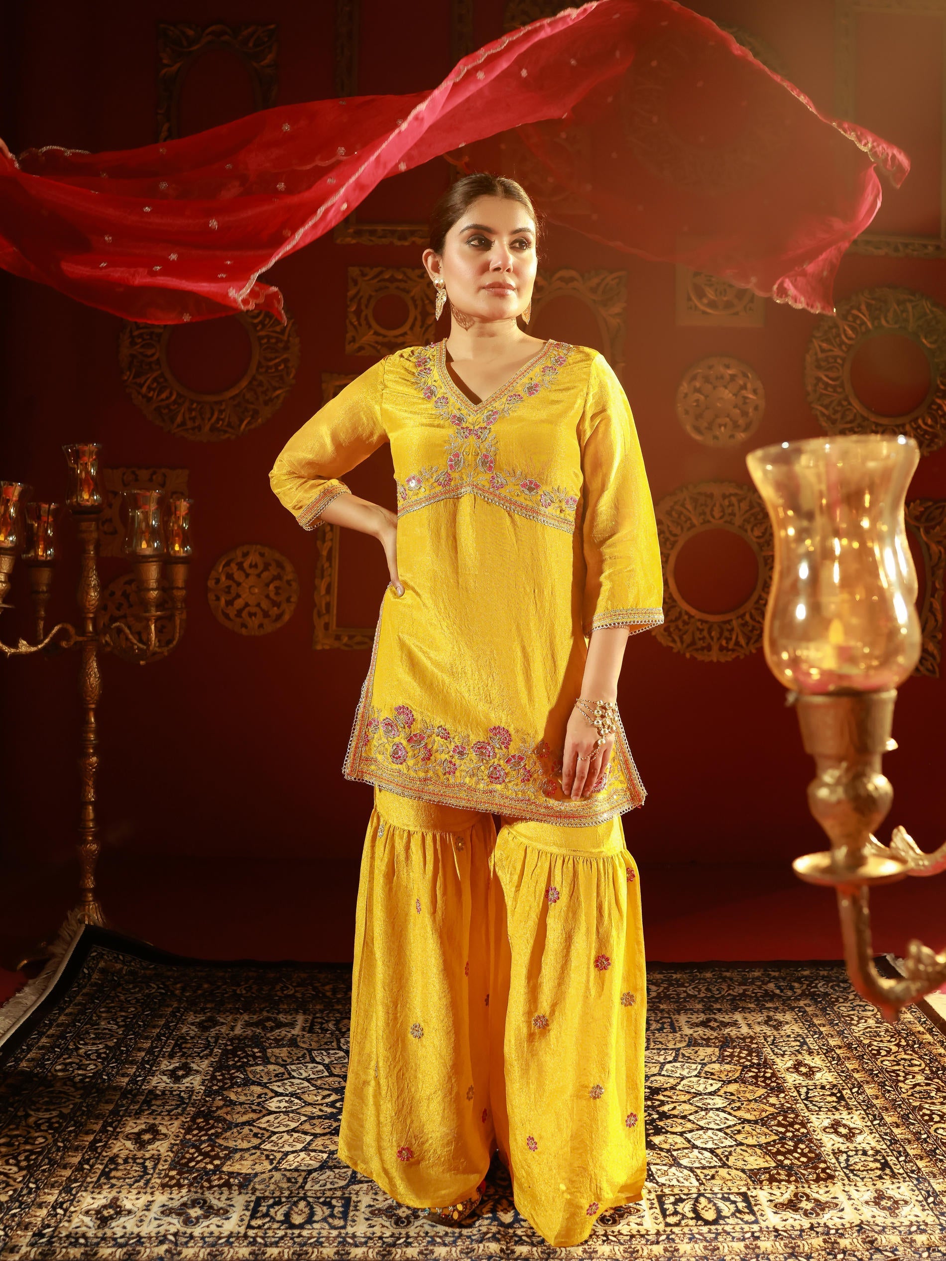 Juniper Mustard Nylon Kurta Sharara And Dupatta Set With Zari, Mirror, Thread & Sequin Embroidery - Distacart