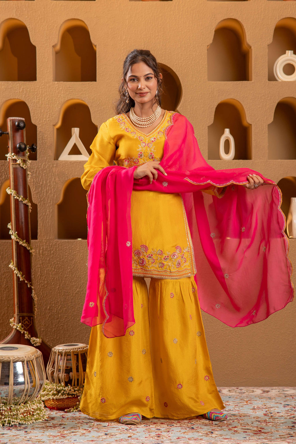 Juniper Mustard Nylon Kurta Sharara And Dupatta Set With Zari, Mirror, Thread & Sequin Embroidery - Distacart