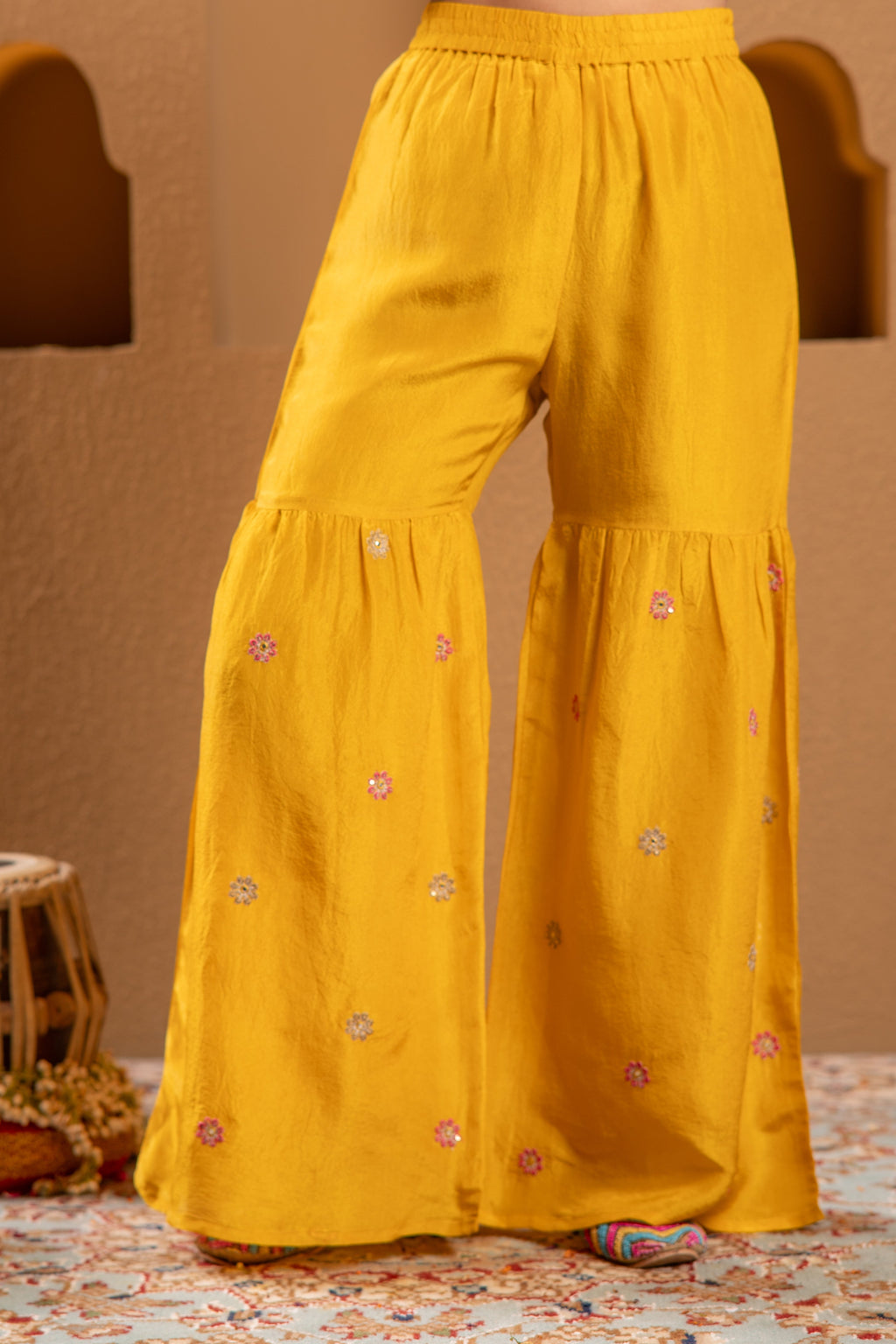 Juniper Mustard Nylon Kurta Sharara And Dupatta Set With Zari, Mirror, Thread & Sequin Embroidery - Distacart