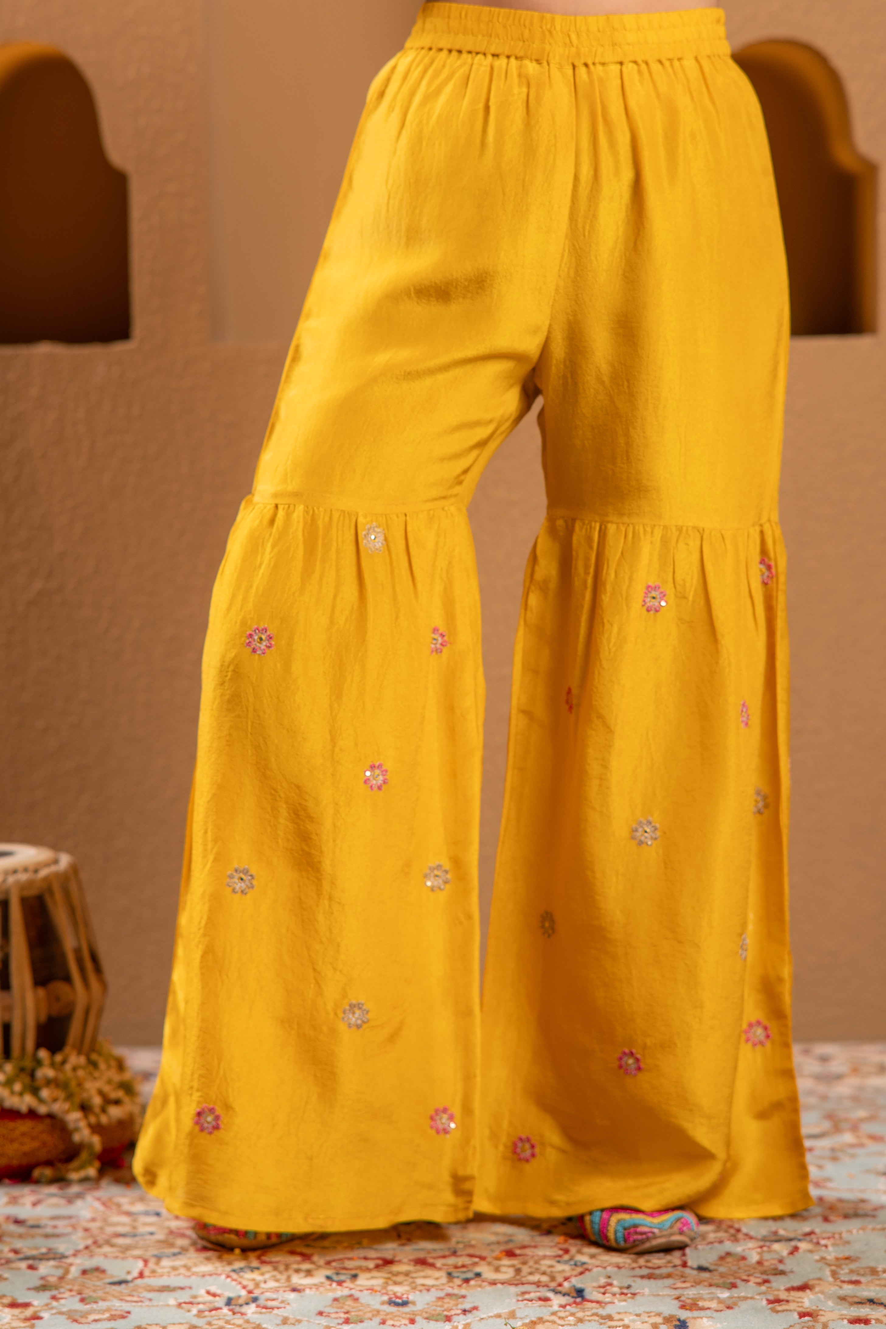 Juniper Mustard Nylon Kurta Sharara And Dupatta Set With Zari, Mirror, Thread & Sequin Embroidery - Distacart