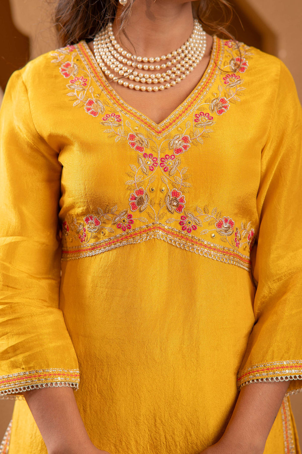 Juniper Mustard Nylon Kurta Sharara And Dupatta Set With Zari, Mirror, Thread & Sequin Embroidery - Distacart