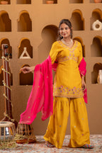 Juniper Mustard Nylon Kurta Sharara And Dupatta Set With Zari, Mirror, Thread & Sequin Embroidery - Distacart