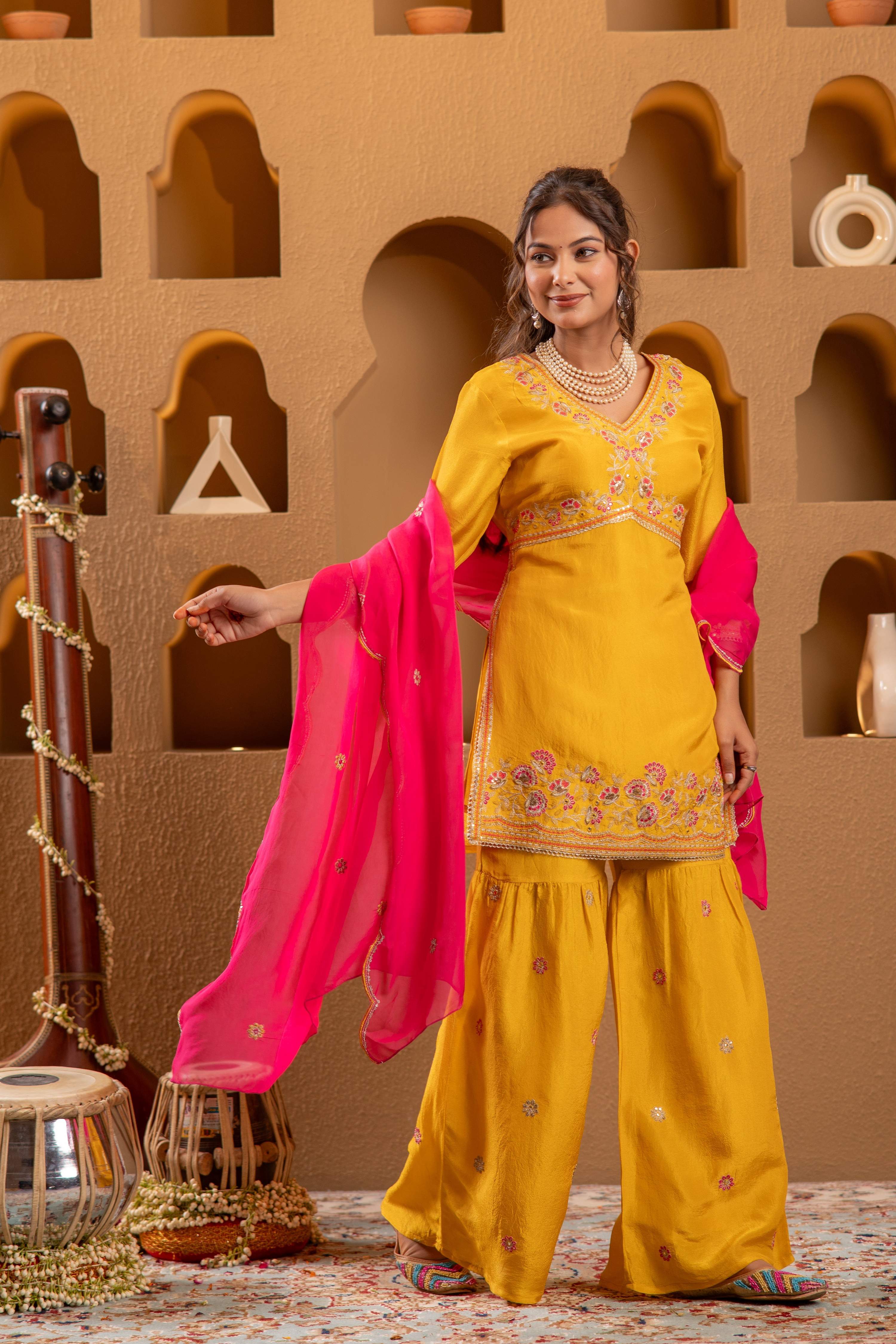 Juniper Mustard Nylon Kurta Sharara And Dupatta Set With Zari, Mirror, Thread & Sequin Embroidery - Distacart