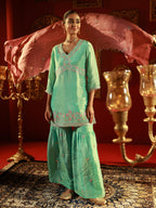 Juniper Sky Blue Nylon Kurta Sharara And Dupatta Set With Zari, Mirror, Thread & Sequin Embroidery - Distacart