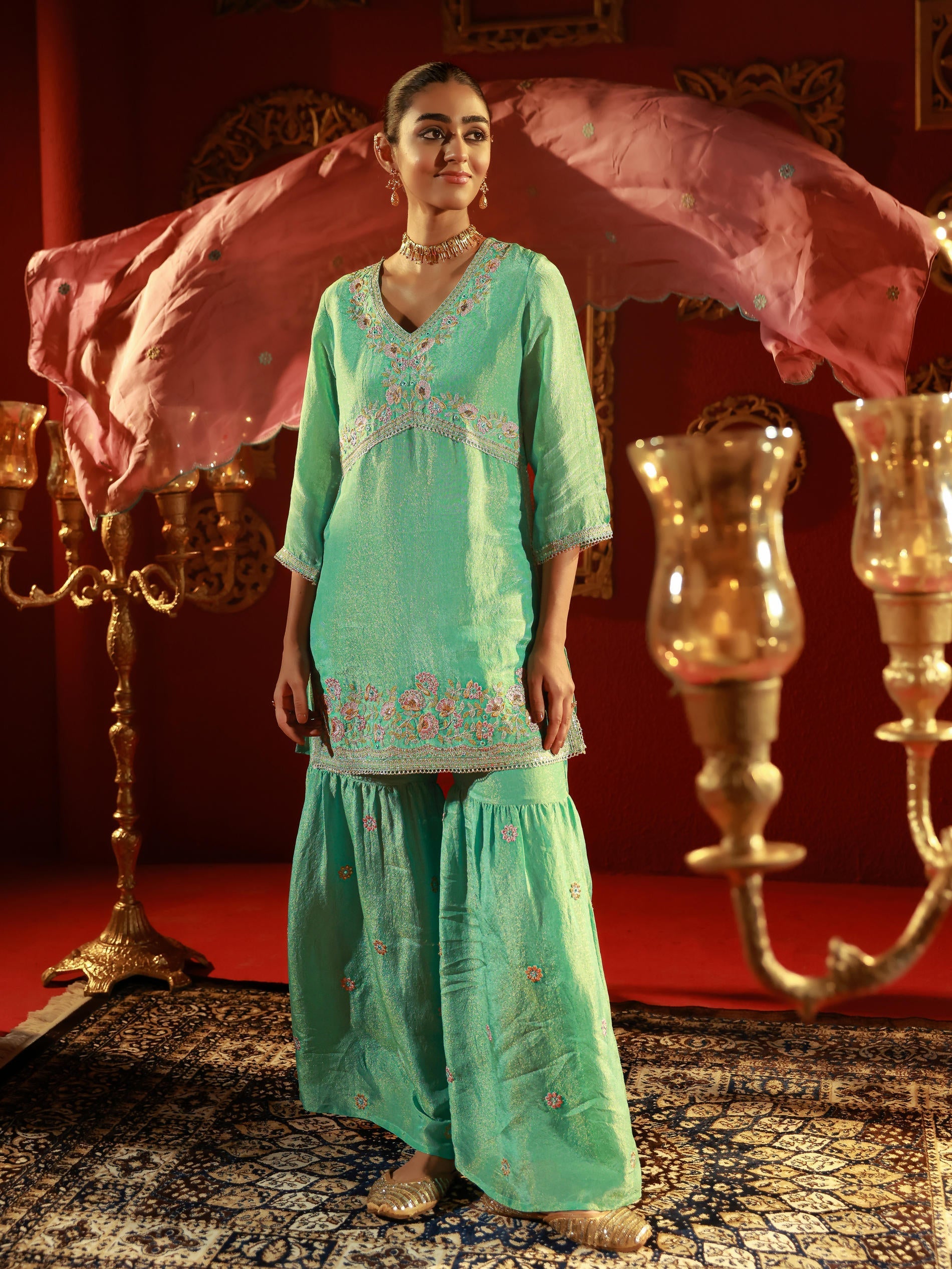 Juniper Sky Blue Nylon Kurta Sharara And Dupatta Set With Zari, Mirror, Thread & Sequin Embroidery - Distacart