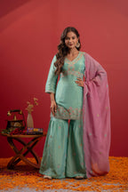 Juniper Sky Blue Nylon Kurta Sharara And Dupatta Set With Zari, Mirror, Thread & Sequin Embroidery - Distacart