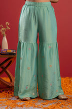Juniper Sky Blue Nylon Kurta Sharara And Dupatta Set With Zari, Mirror, Thread & Sequin Embroidery - Distacart