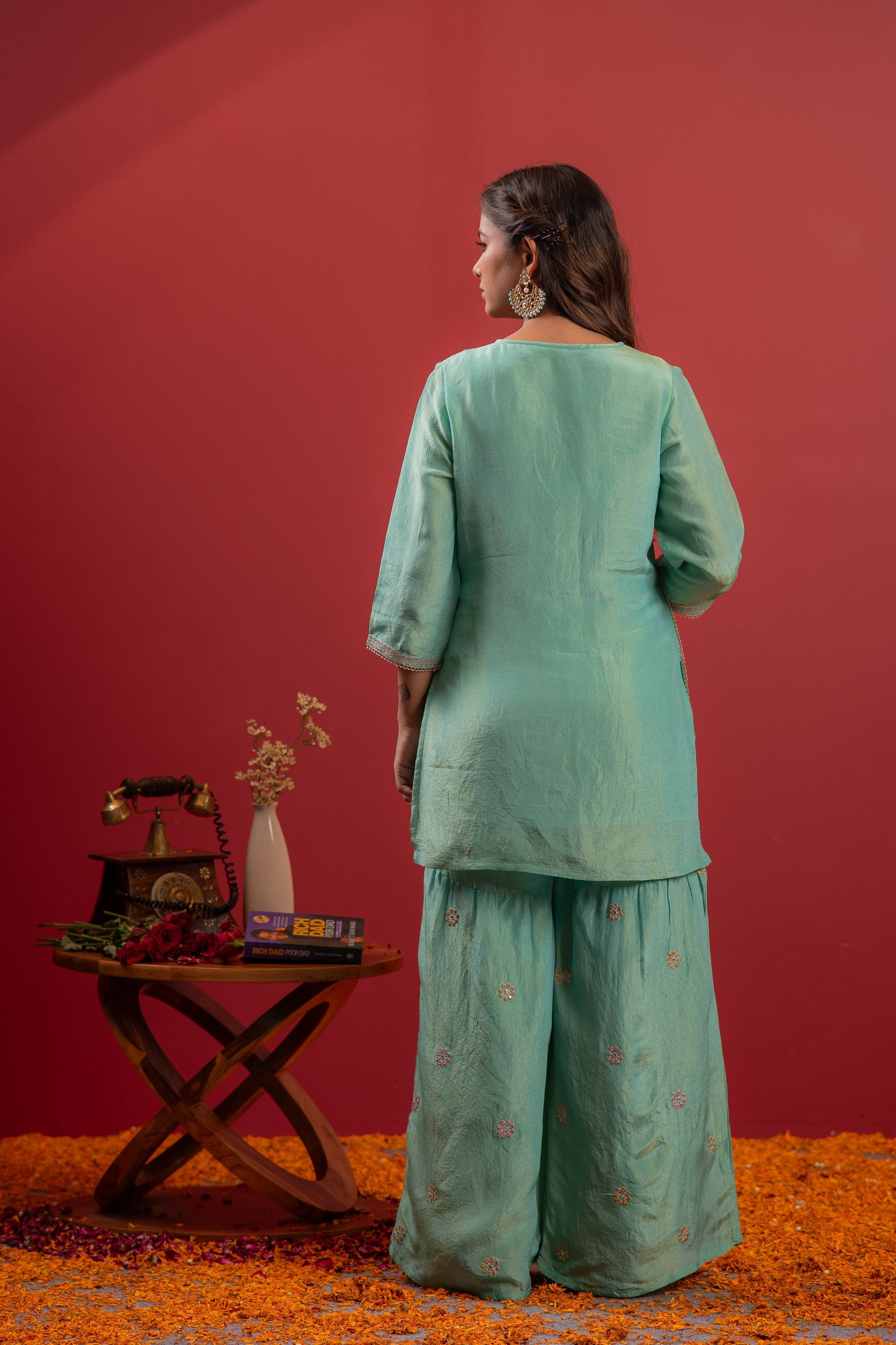 Juniper Sky Blue Nylon Kurta Sharara And Dupatta Set With Zari, Mirror, Thread & Sequin Embroidery - Distacart