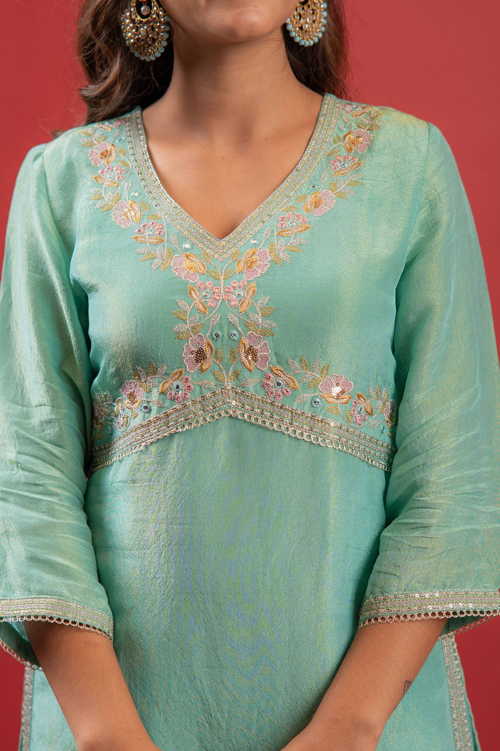 Juniper Sky Blue Nylon Kurta Sharara And Dupatta Set With Zari, Mirror, Thread & Sequin Embroidery - Distacart