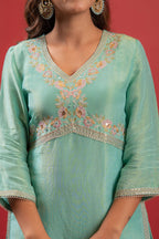 Juniper Sky Blue Nylon Kurta Sharara And Dupatta Set With Zari, Mirror, Thread & Sequin Embroidery - Distacart