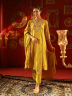 Juniper Mustard Viscose Flared Kurta With Pants & Dupatta Set With Thread & Zari Work - Distacart