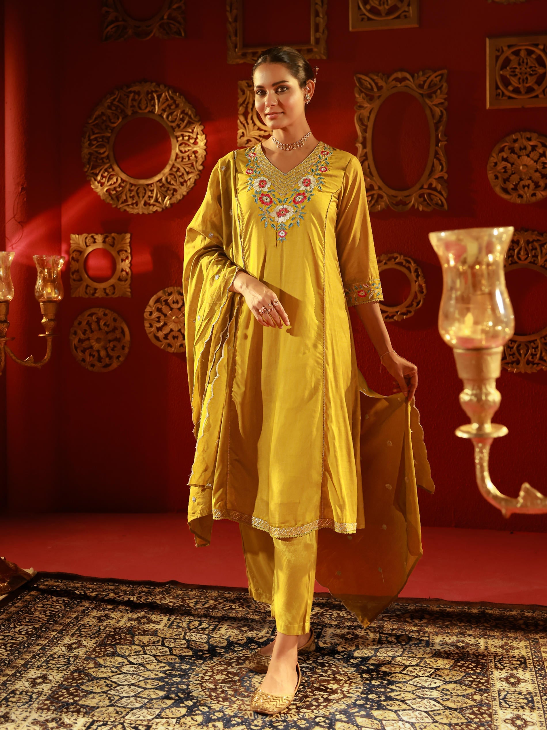 Juniper Mustard Viscose Flared Kurta With Pants & Dupatta Set With Thread & Zari Work - Distacart