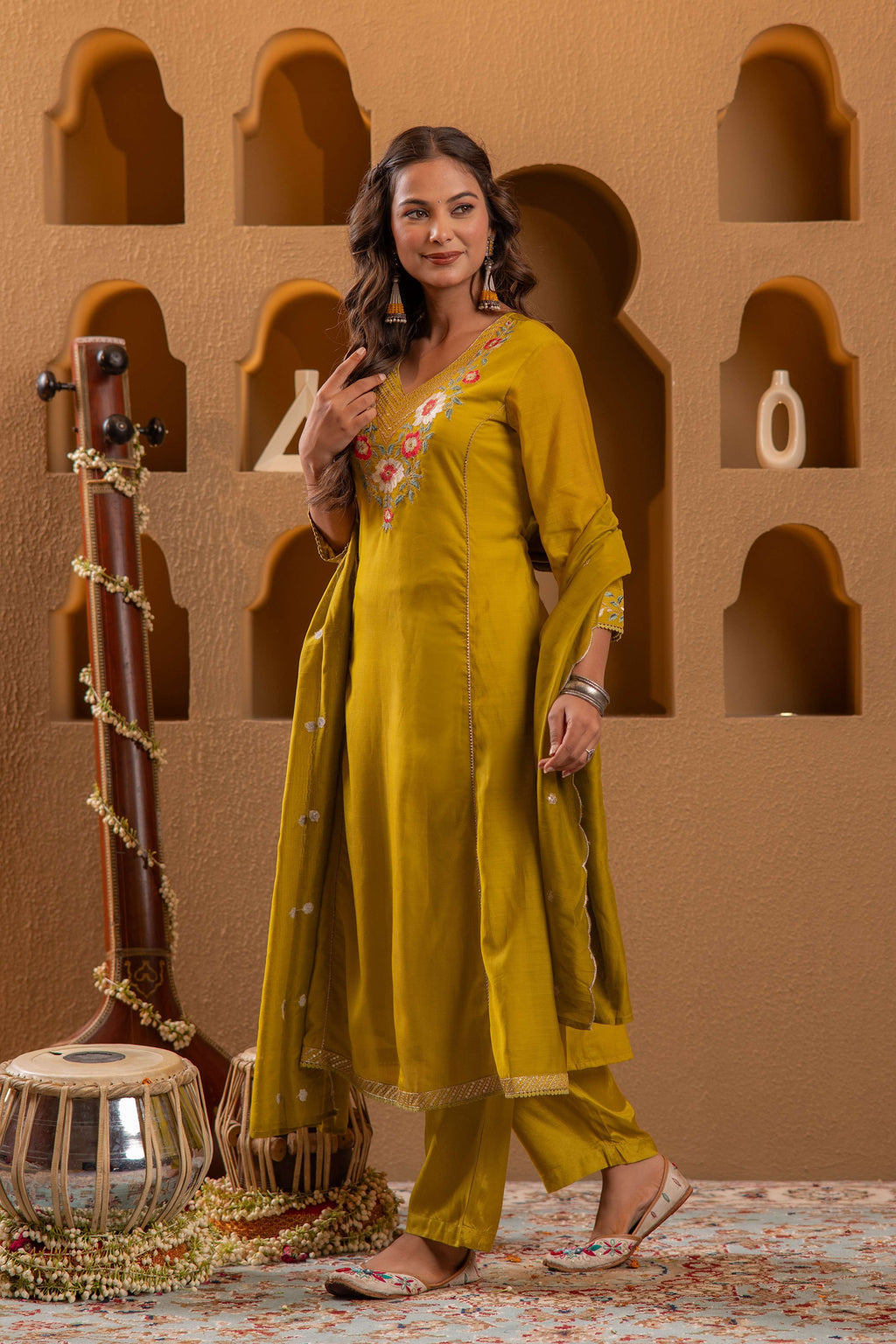 Juniper Mustard Viscose Flared Kurta With Pants & Dupatta Set With Thread & Zari Work - Distacart