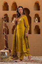 Juniper Mustard Viscose Flared Kurta With Pants & Dupatta Set With Thread & Zari Work - Distacart