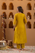 Juniper Mustard Viscose Flared Kurta With Pants & Dupatta Set With Thread & Zari Work - Distacart