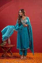 Juniper Turquoise Floral Embroidered Kurta Set With Scallop Dupatta - Distacart