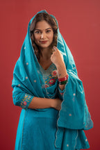 Juniper Turquoise Floral Embroidered Kurta Set With Scallop Dupatta - Distacart