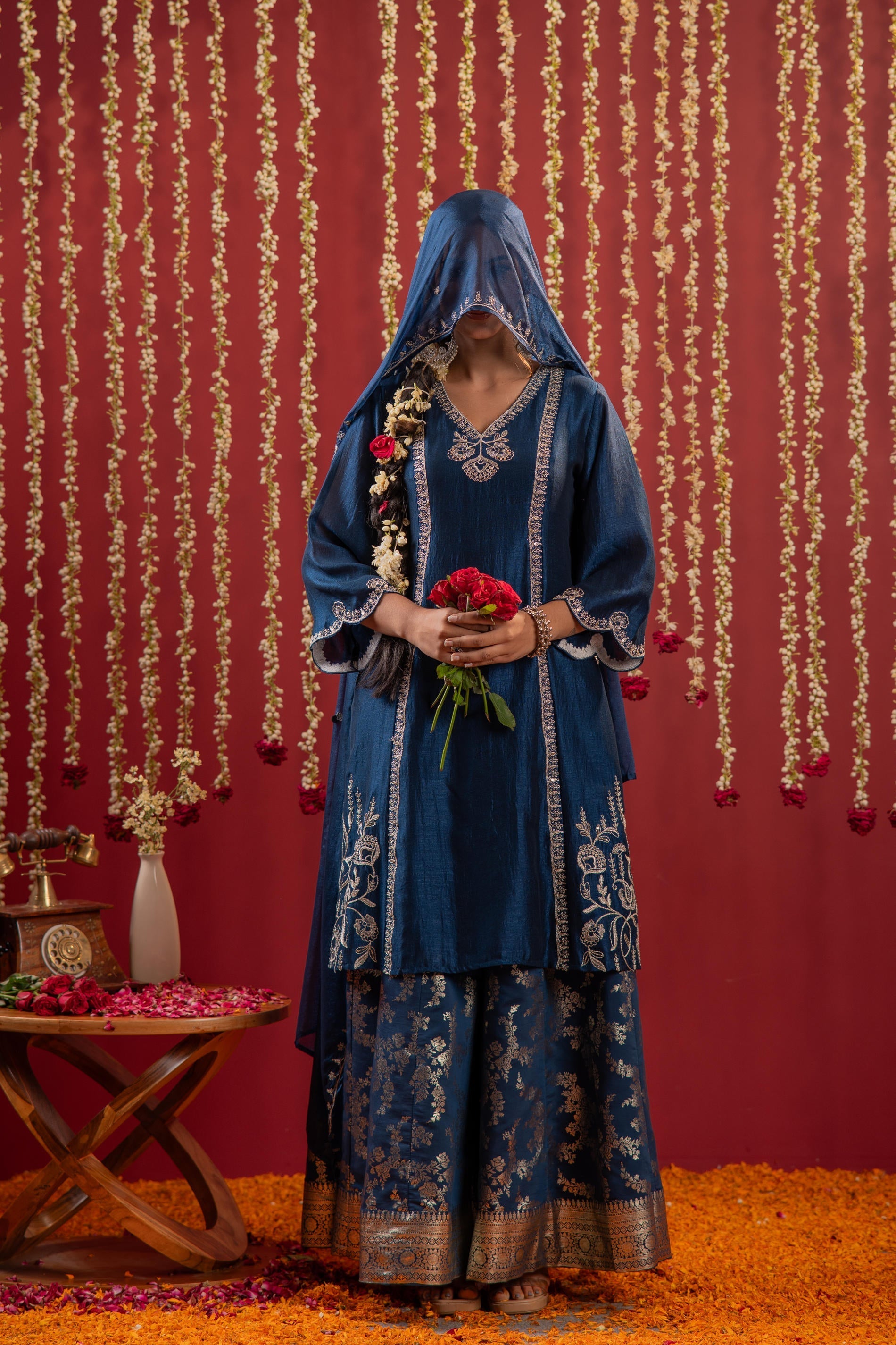 Juniper Regal Navy Blue Embroidered Set With Dupatta - Distacart