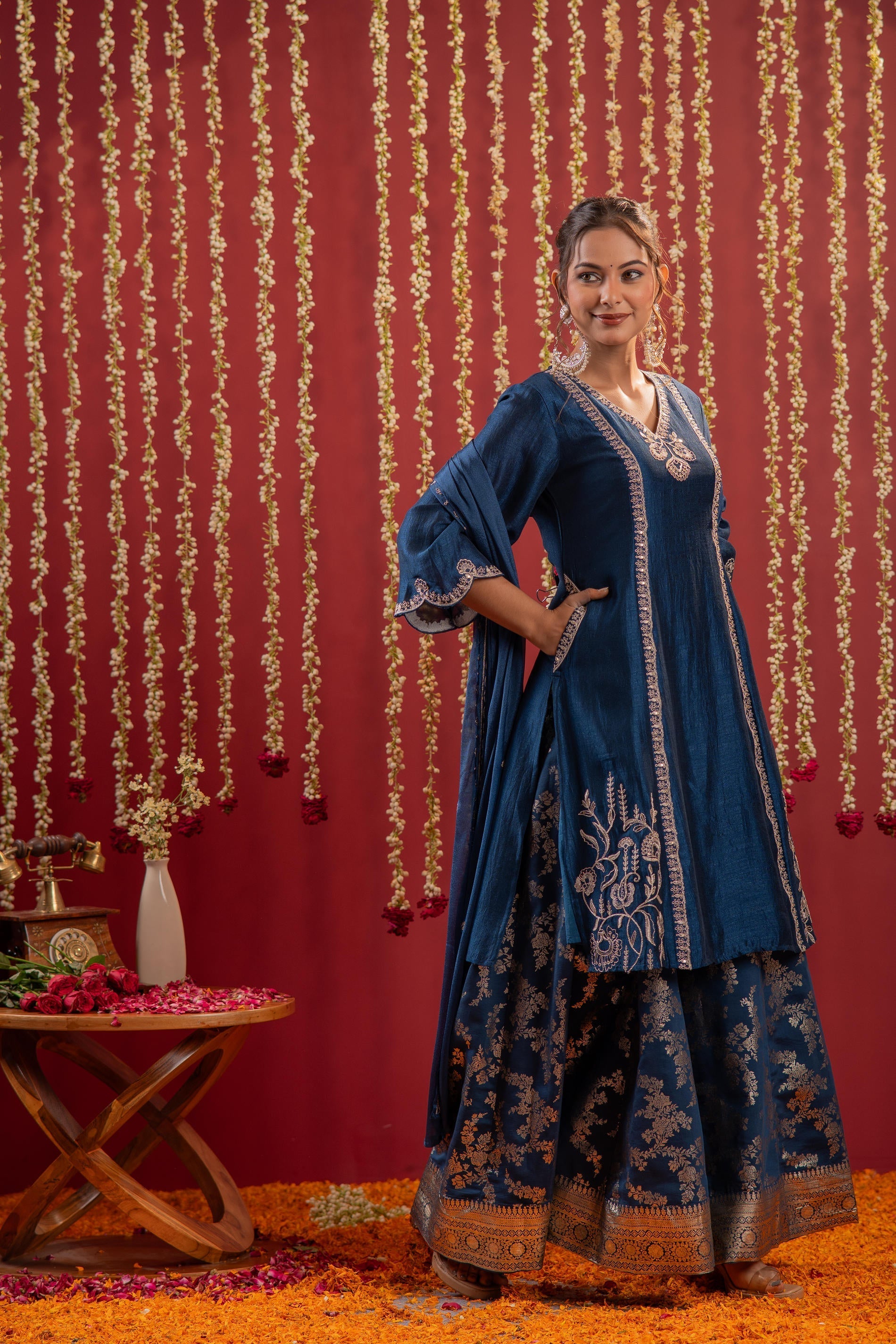 Juniper Regal Navy Blue Embroidered Set With Dupatta - Distacart