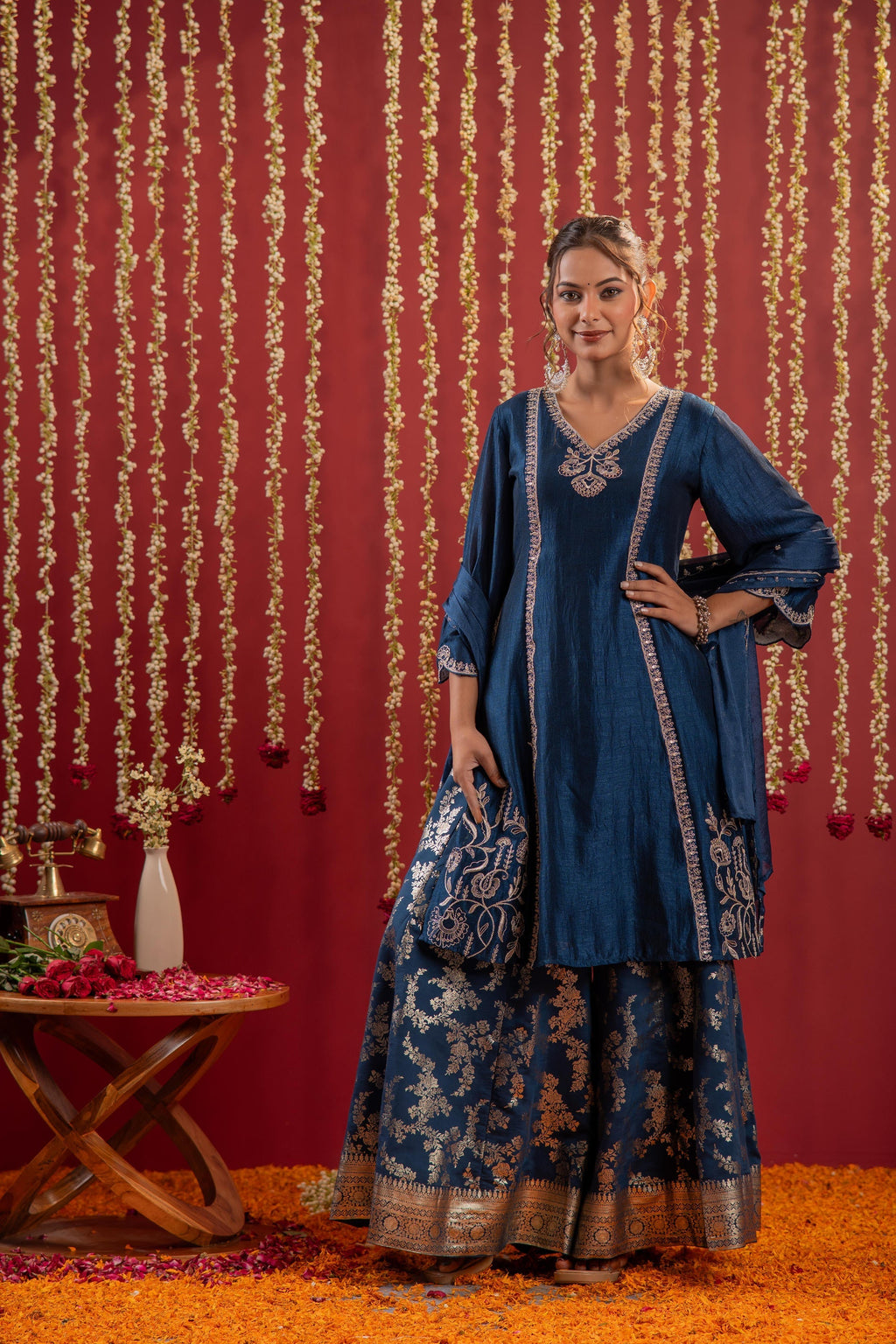 Juniper Regal Navy Blue Embroidered Set With Dupatta - Distacart