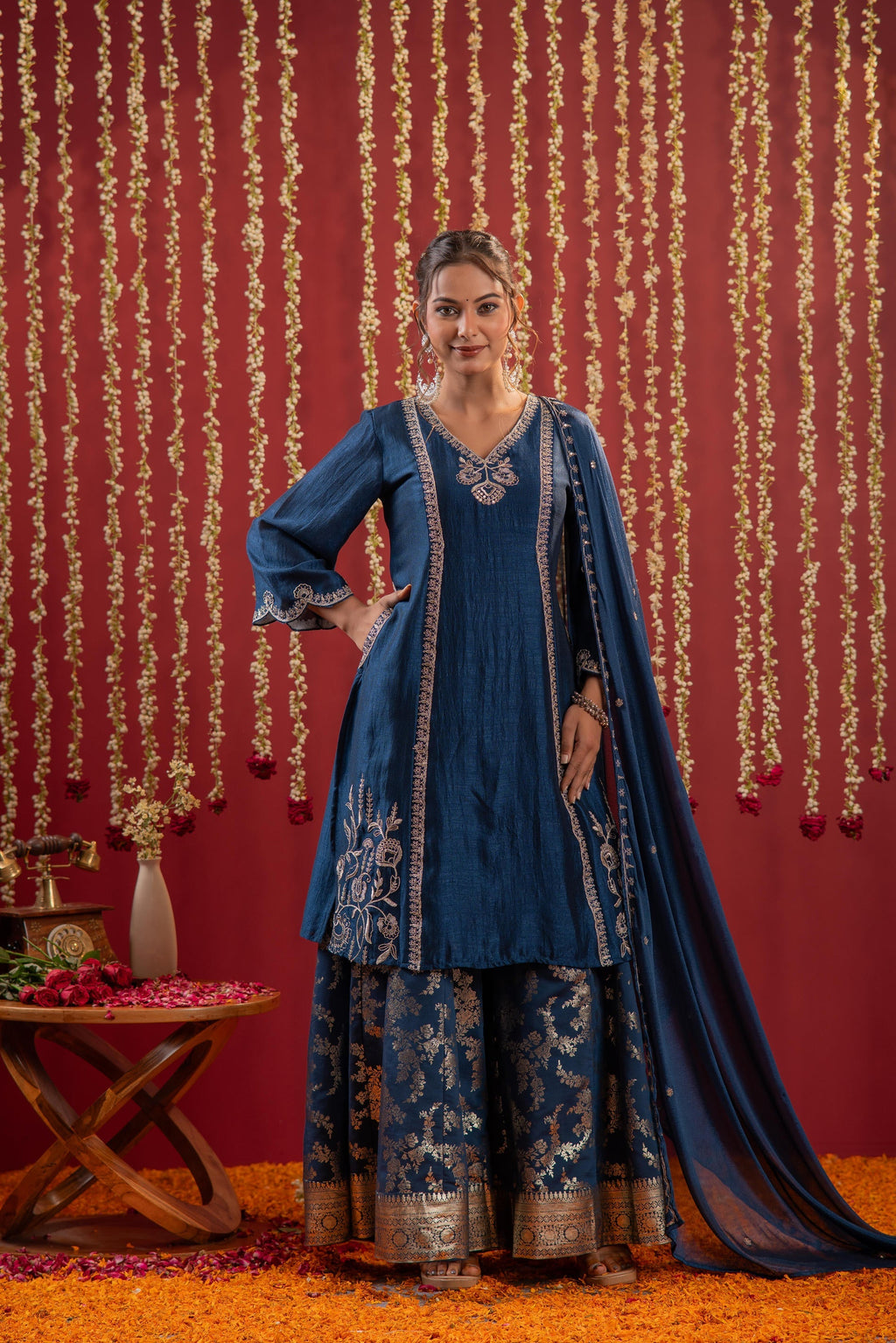 Juniper Regal Navy Blue Embroidered Set With Dupatta - Distacart