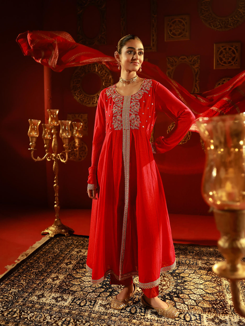 Juniper Red Man Made Fiber Flared Anarkali Kurta Pant And Dupatta Set With Zari, Mirror, Thread & Sequin Work - Distacart