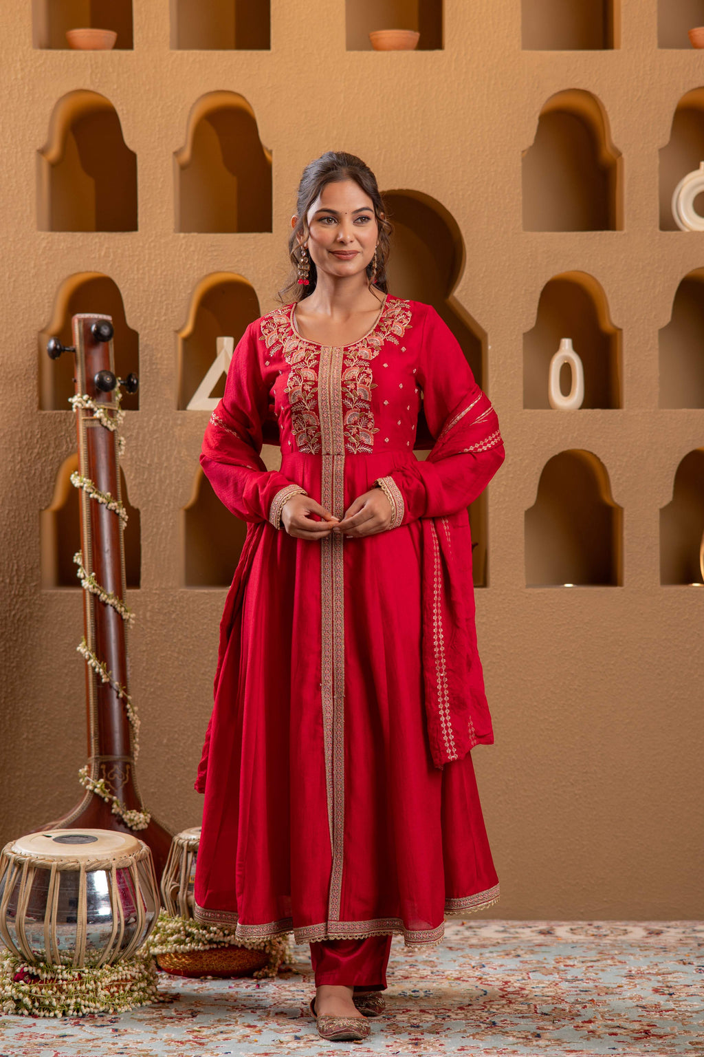 Juniper Red Man Made Fiber Flared Anarkali Kurta Pant And Dupatta Set With Zari, Mirror, Thread & Sequin Work - Distacart