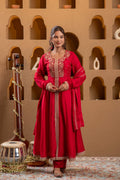 Juniper Red Man Made Fiber Flared Anarkali Kurta Pant And Dupatta Set With Zari, Mirror, Thread & Sequin Work - Distacart