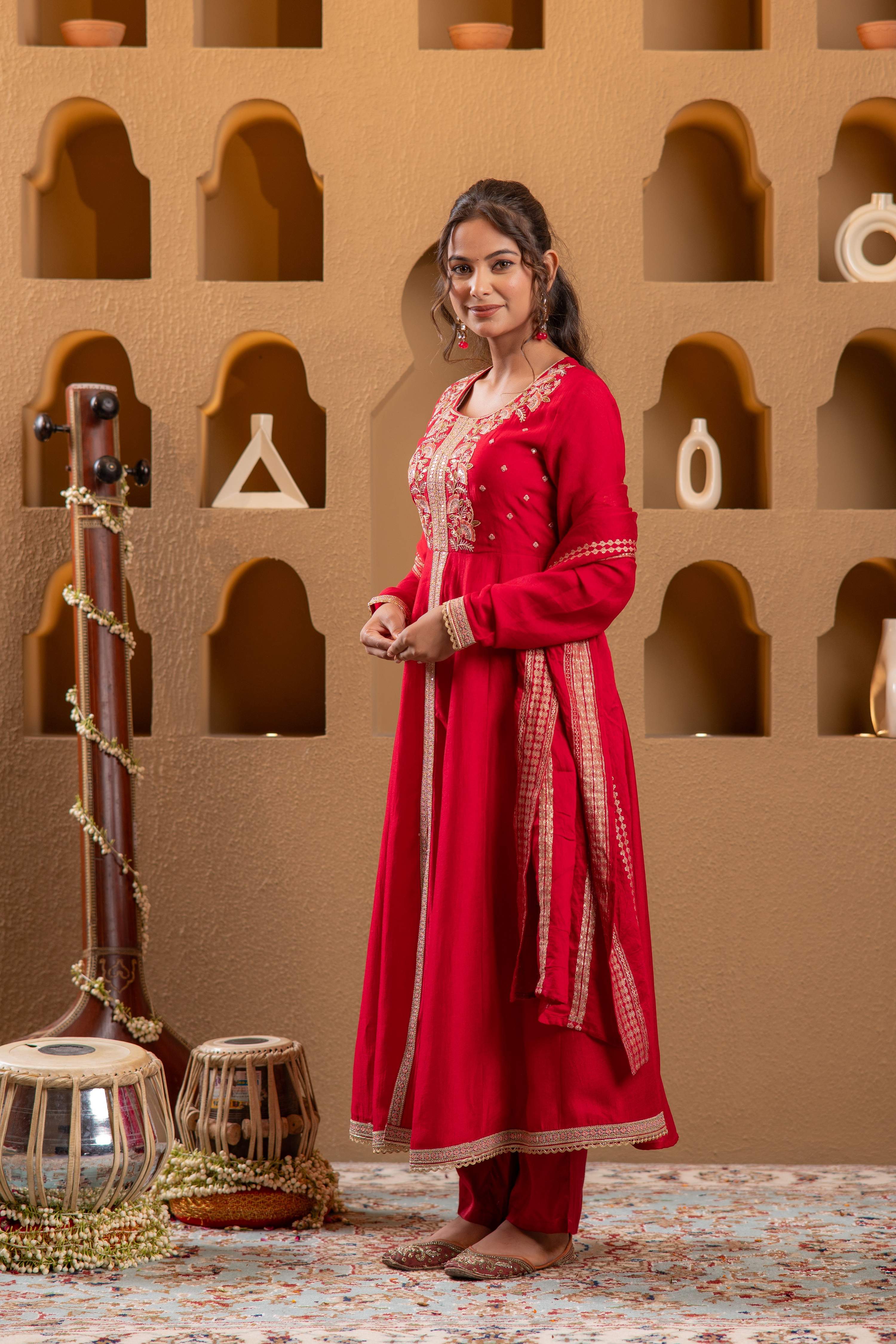 Juniper Red Man Made Fiber Flared Anarkali Kurta Pant And Dupatta Set With Zari, Mirror, Thread & Sequin Work - Distacart