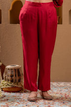 Juniper Red Man Made Fiber Flared Anarkali Kurta Pant And Dupatta Set With Zari, Mirror, Thread & Sequin Work - Distacart