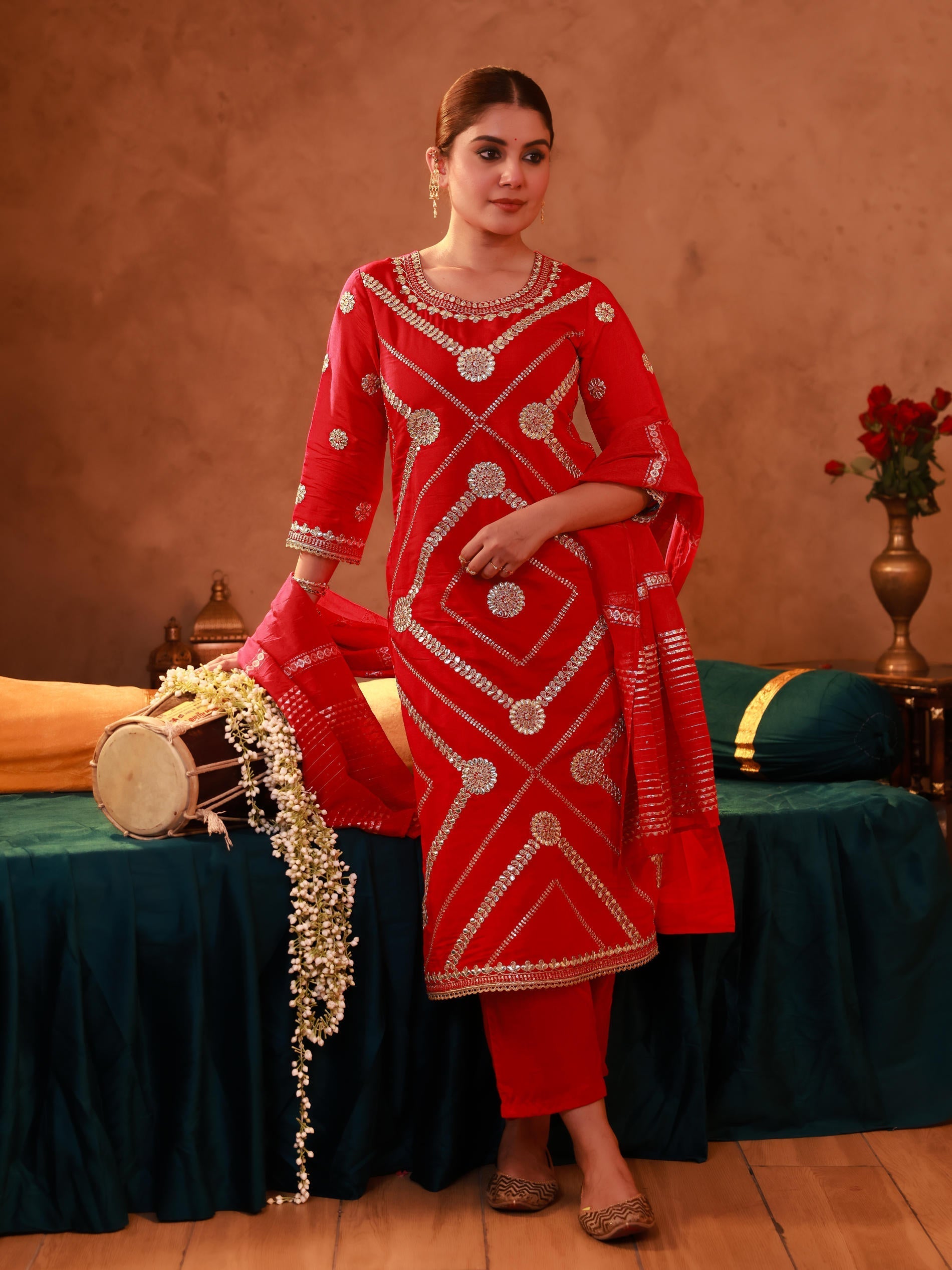 Juniper Magenta Viscose Straight Kurta Pant And Dupatta Set With Gota Patti & Sequence Work - Distacart