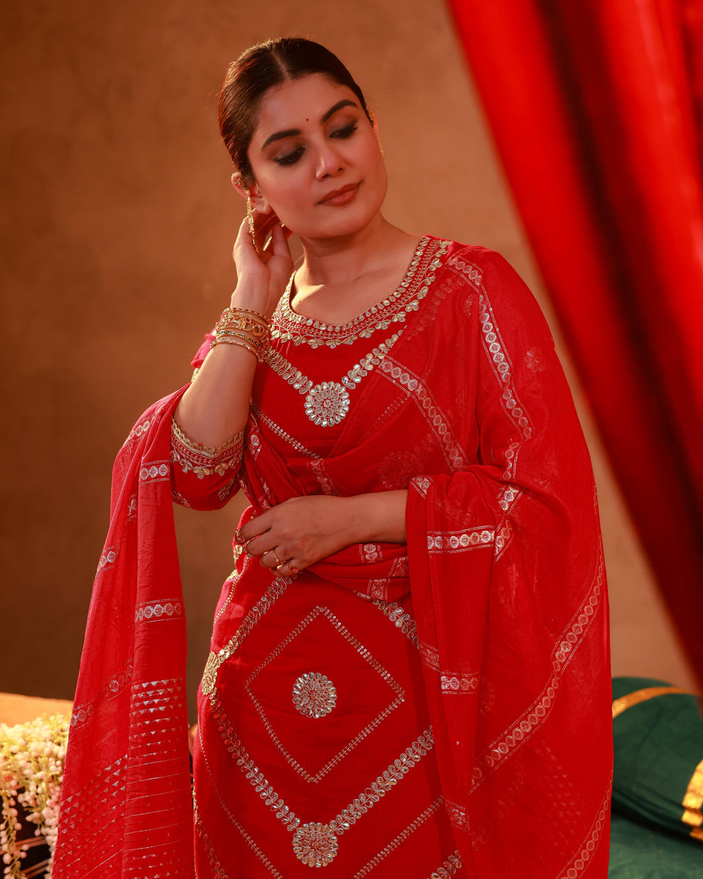 Juniper Magenta Viscose Straight Kurta Pant And Dupatta Set With Gota Patti & Sequence Work - Distacart