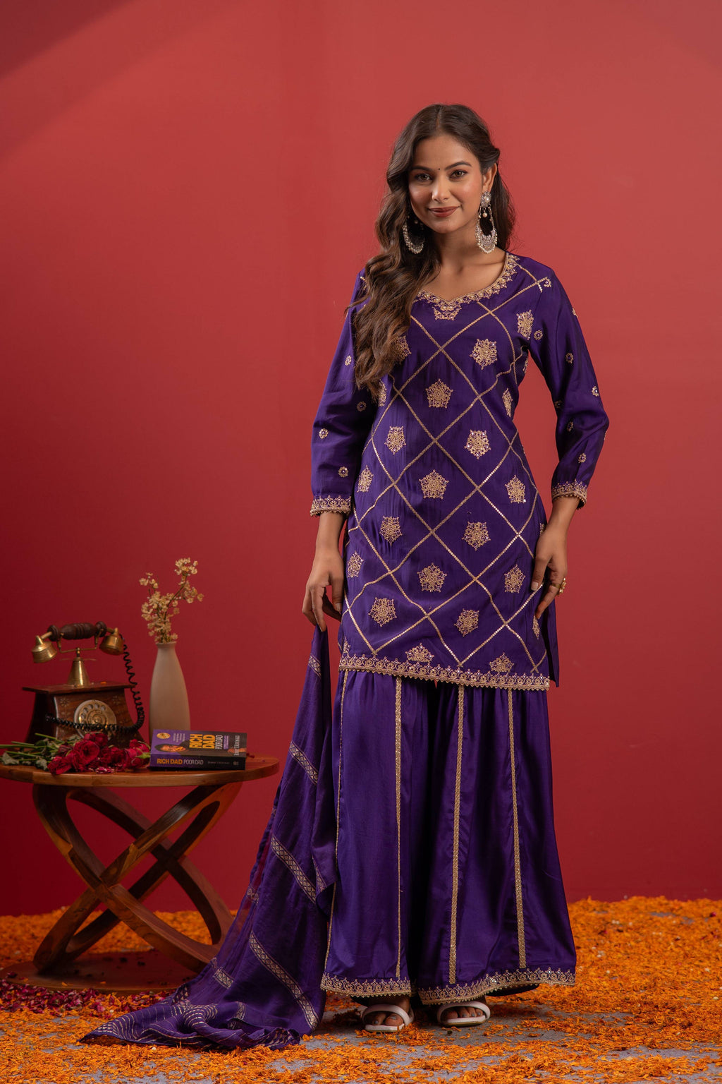 Juniper Violet Viscose A-Line Kurta Pant And Dupatta Set With Zari, Mirror, Beads & Sequence Work - Distacart