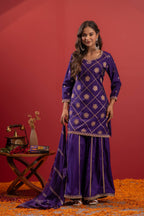 Juniper Violet Viscose A-Line Kurta Pant And Dupatta Set With Zari, Mirror, Beads & Sequence Work - Distacart