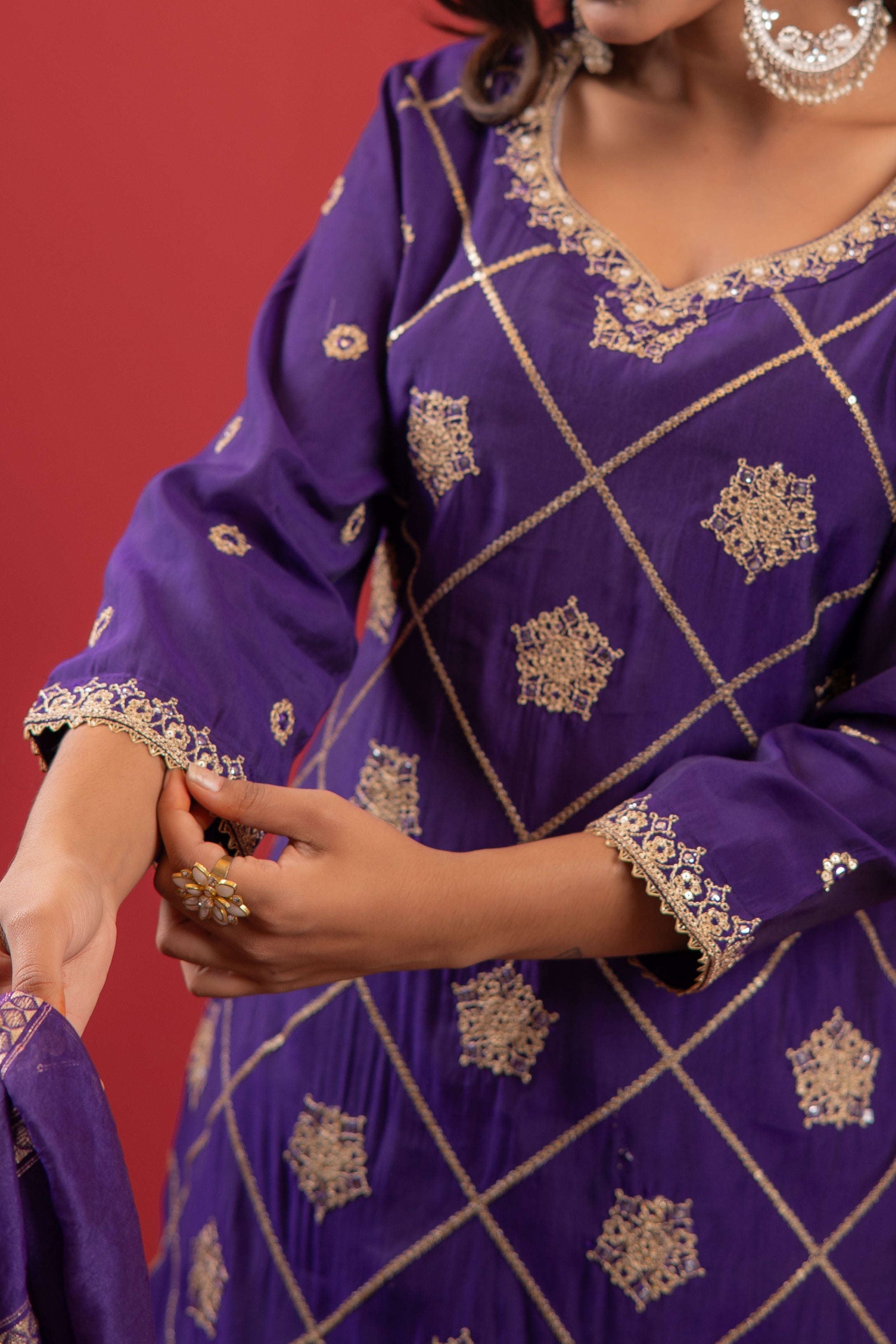 Juniper Violet Viscose A-Line Kurta Pant And Dupatta Set With Zari, Mirror, Beads & Sequence Work - Distacart