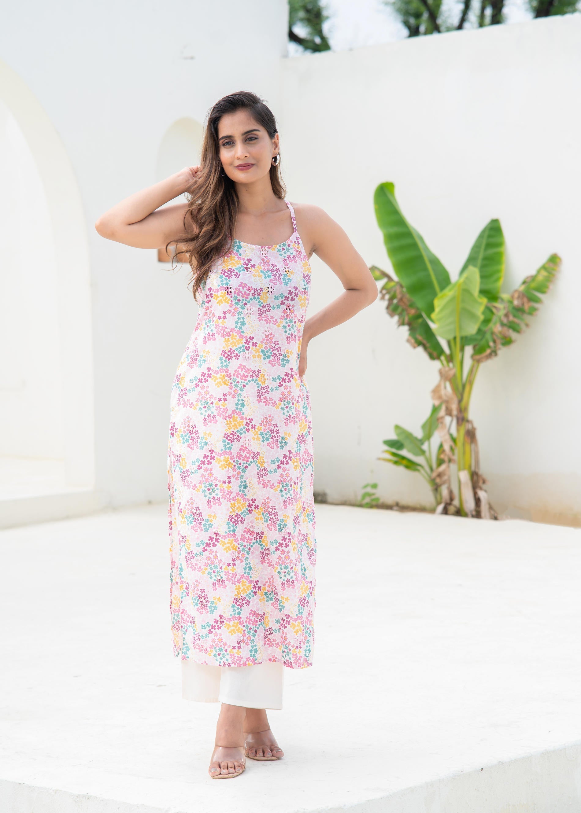 Juniper Pink Floral Printed Sleeveless Cotton Kurta - Distacart