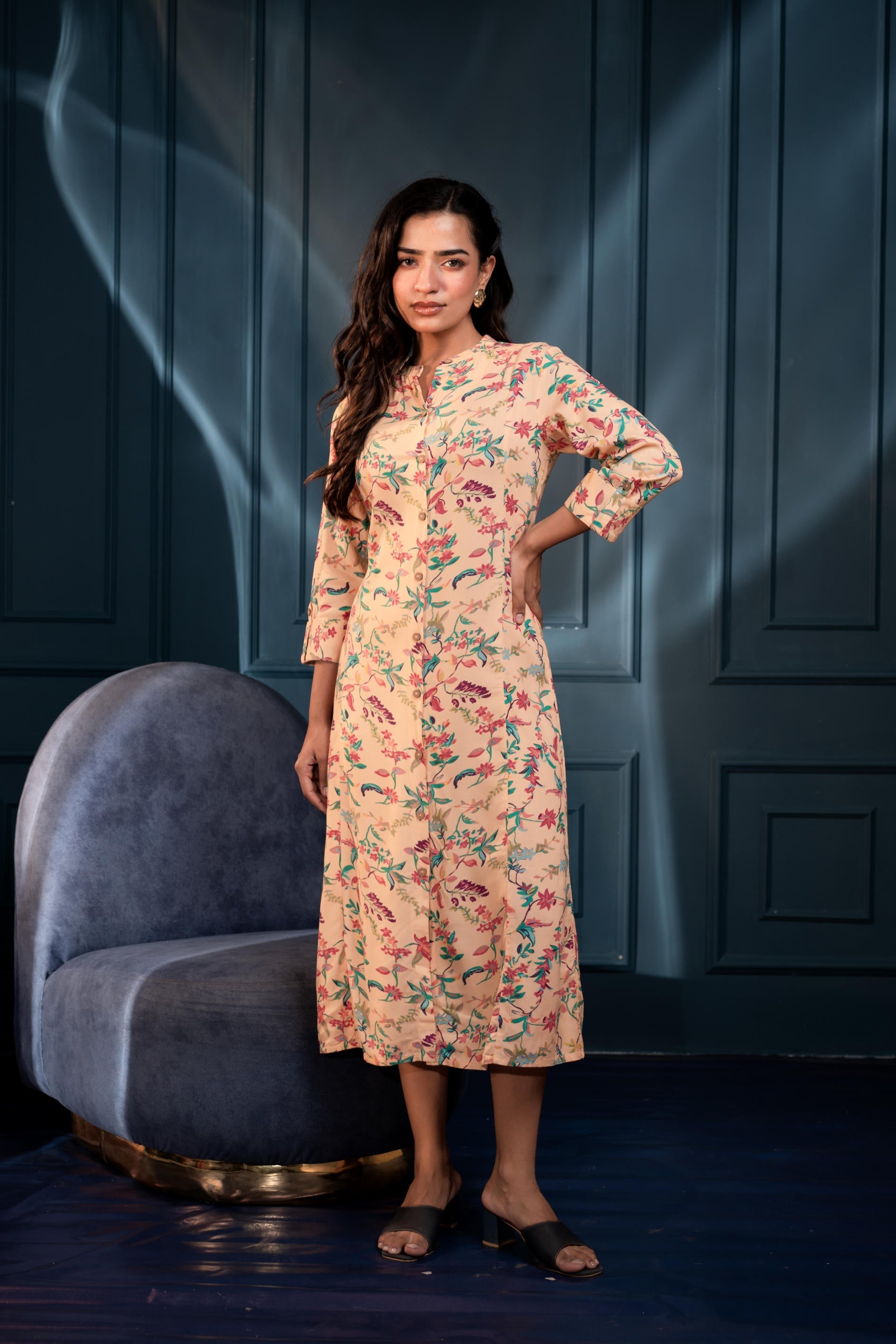 Juniper Peach Floral Printed Button-Down Viscose A-Line Kurta - Distacart