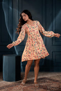 Juniper Floral Peach Printed Fit & Flare Viscose Dress With Full Sleeves - Distacart