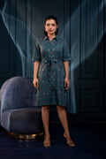 Juniper Teal Polka Dot Button Down Viscose Mini Shirt Dress With Belt - Distacart