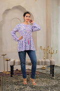 Juniper Baby Pink & Blue Floral Printed Viscose Gathread Tunic With Dori Tie