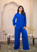 Juniper Royal Blue Viscose Co-Ord Set – Shirt & Palazzo With Parsley Waistband - Distacart