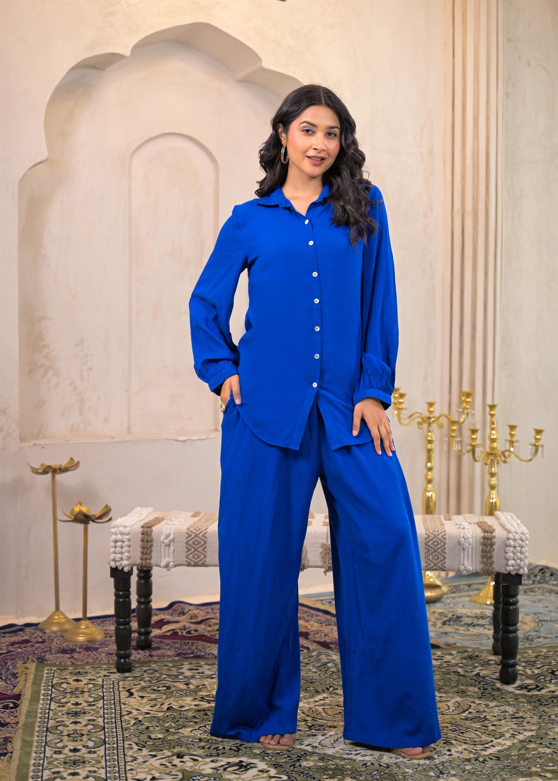 Juniper Royal Blue Viscose Co-Ord Set – Shirt & Palazzo With Parsley Waistband - Distacart