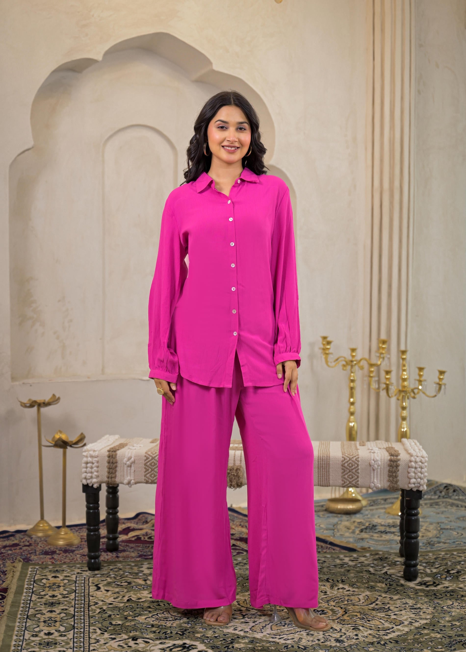 Juniper Pink Viscose Co-Ord Set – Shirt & Palazzo With Parsley Waistband - Distacart